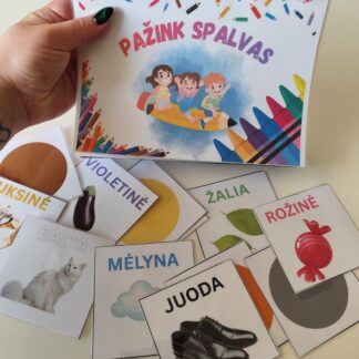 Spalvų pažinimo rinkinys su dvipusėmis kortelėmis ir knygele su „Velcro“ lipdukais